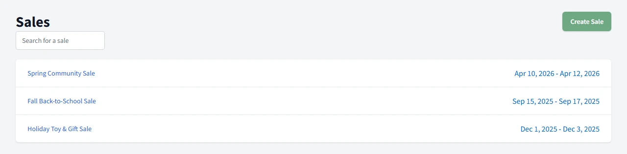 Sales management with multiple events, dates, and status indicators