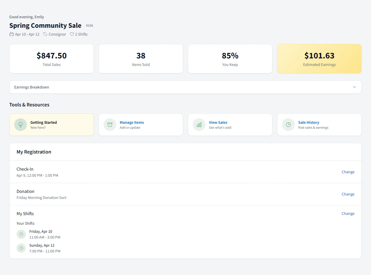Consignor self-service dashboard showing real-time sales earnings and inventory tools