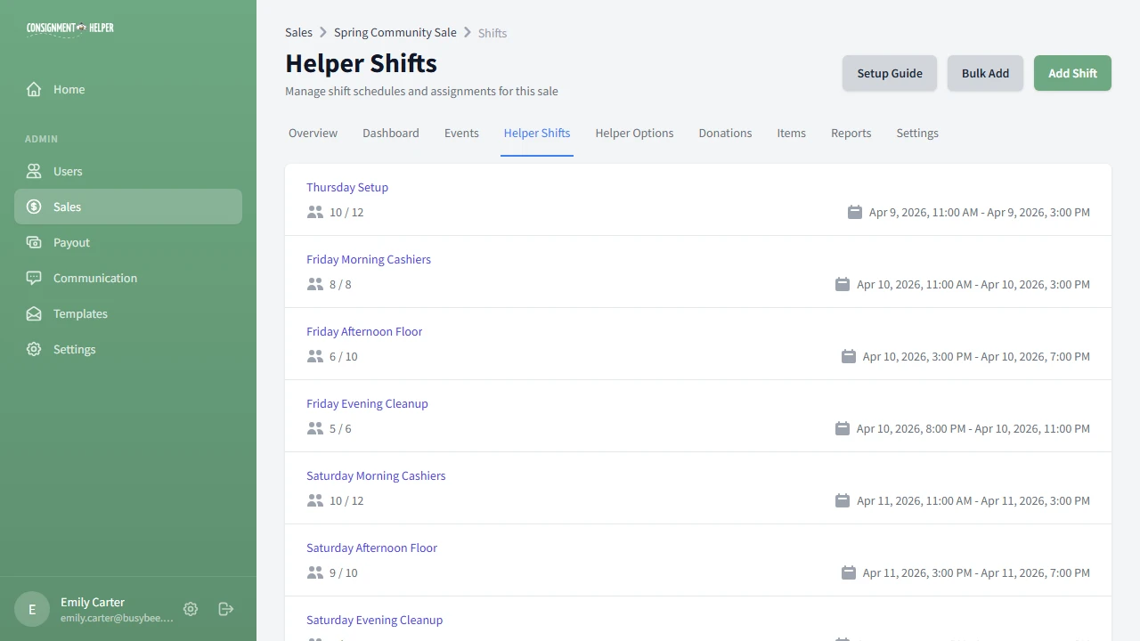 Volunteer shifts list page