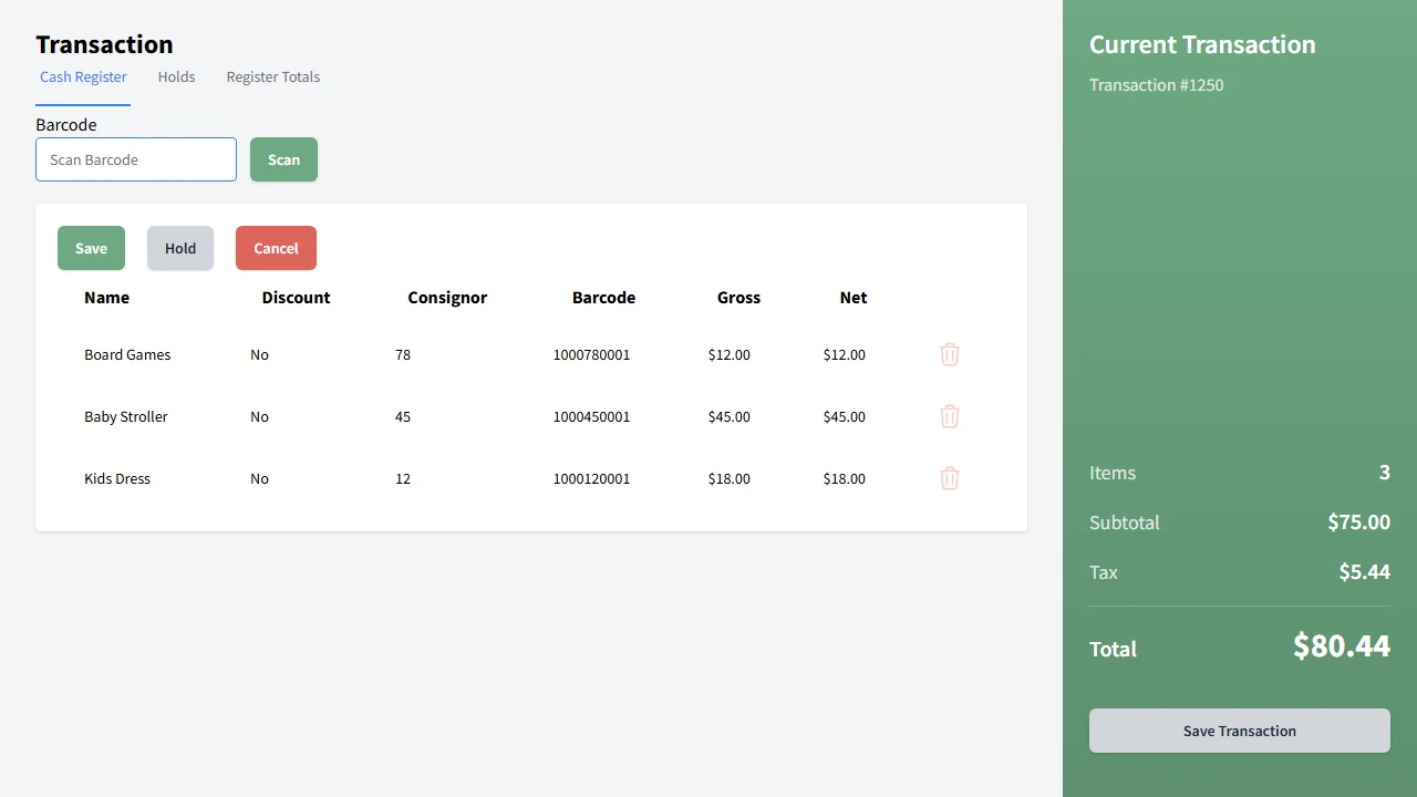 Active POS checkout with barcode scanning, item cart, and running total